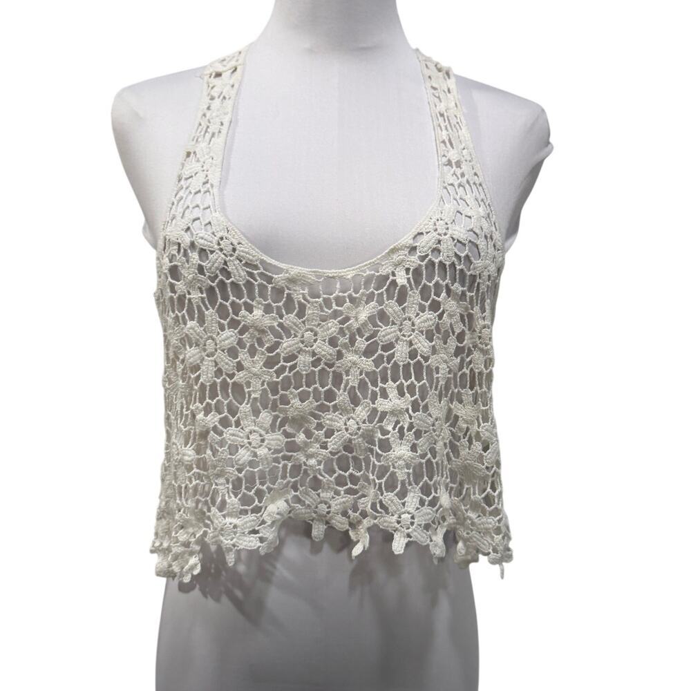 Debut White Open Knit Crochet Lace Cropped Racerback Tank Top Floral Boho M/L